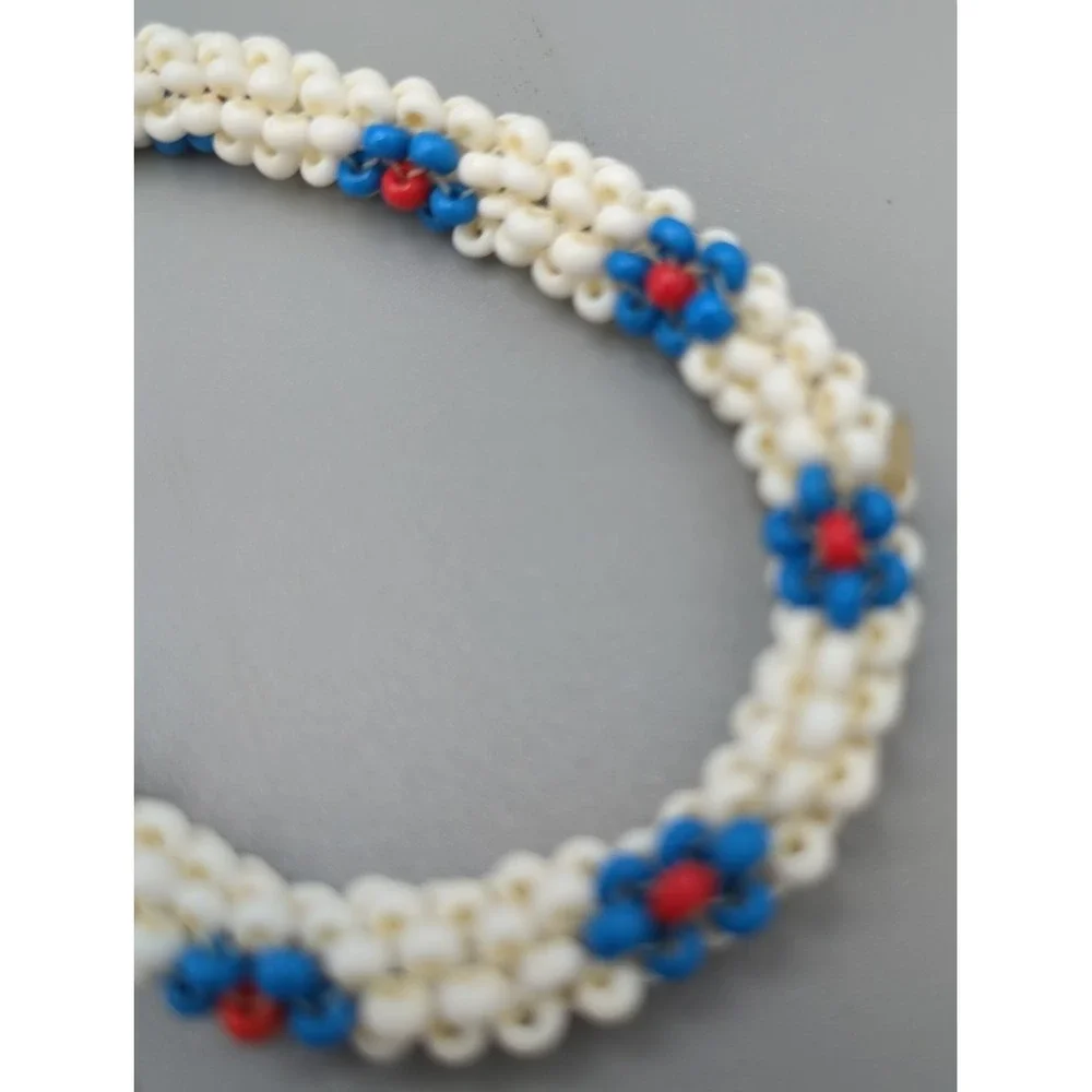 Vintage Beaded Belt‎ Or Necklace Plastic Seed Beads White Floral Boho American